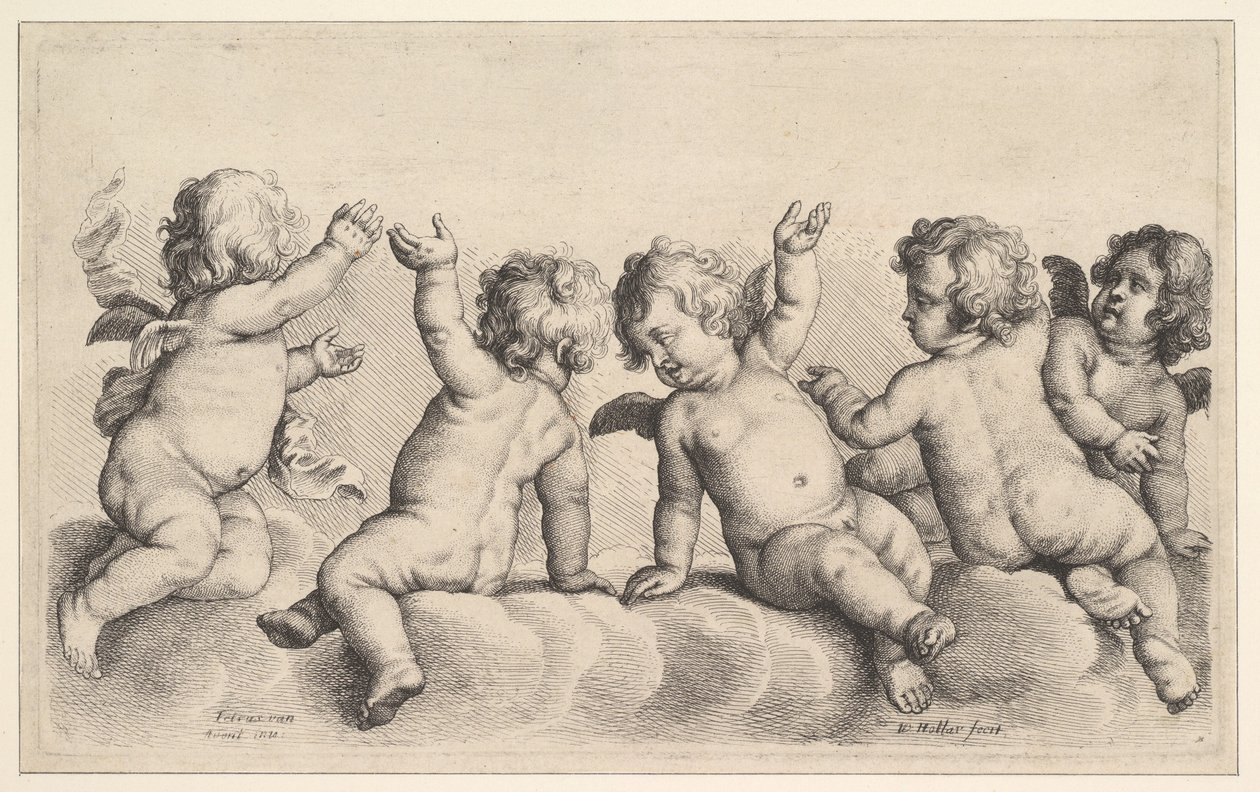 Tres querubines y dos niños en las nubes, 1620-77 de Wenceslaus Hollar
