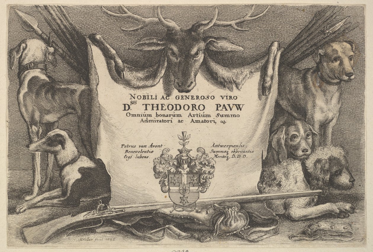 Página de título con perros y equipo de caza, 1646 de Wenceslaus Hollar