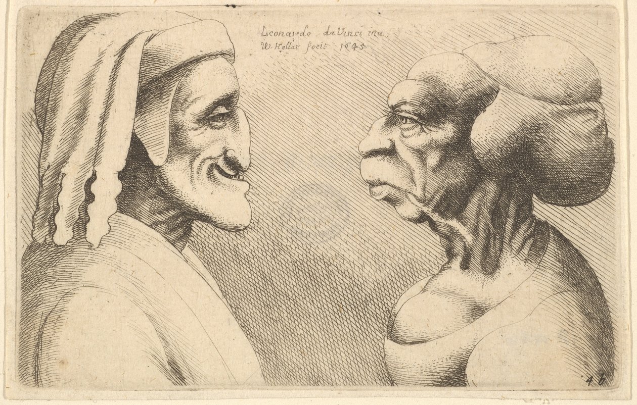 Dos cabezas deformadas, la figura de la izquierda es posiblemente una caricatura de Dante, 1645 de Wenceslaus Hollar