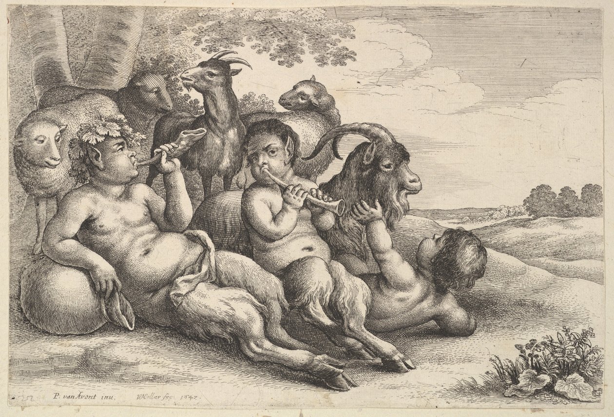 Dos jóvenes sátiros y un niño de Wenceslaus Hollar