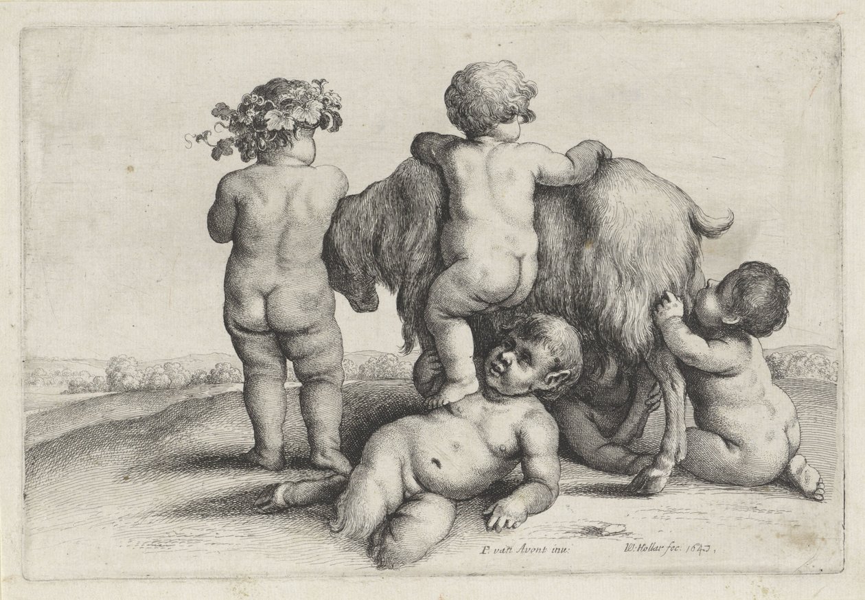 Cuatro niños, un sátiro y una cabra
Putti y sátiros (título de la serie) de Wenceslaus Hollar