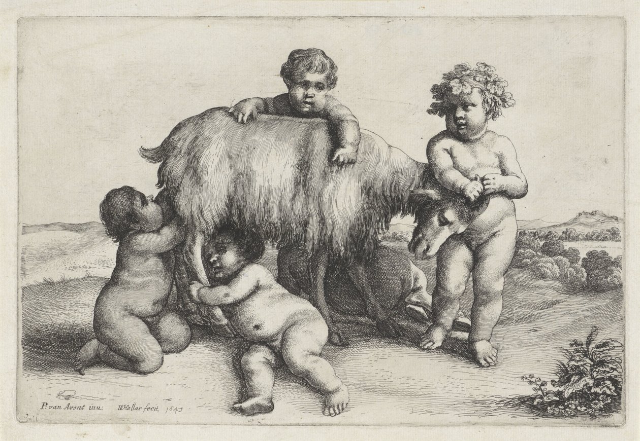 Cuatro niños, un sátiro y una cabra de pie a la derecha
Putti y sátiros (título de la serie) de Wenceslaus Hollar