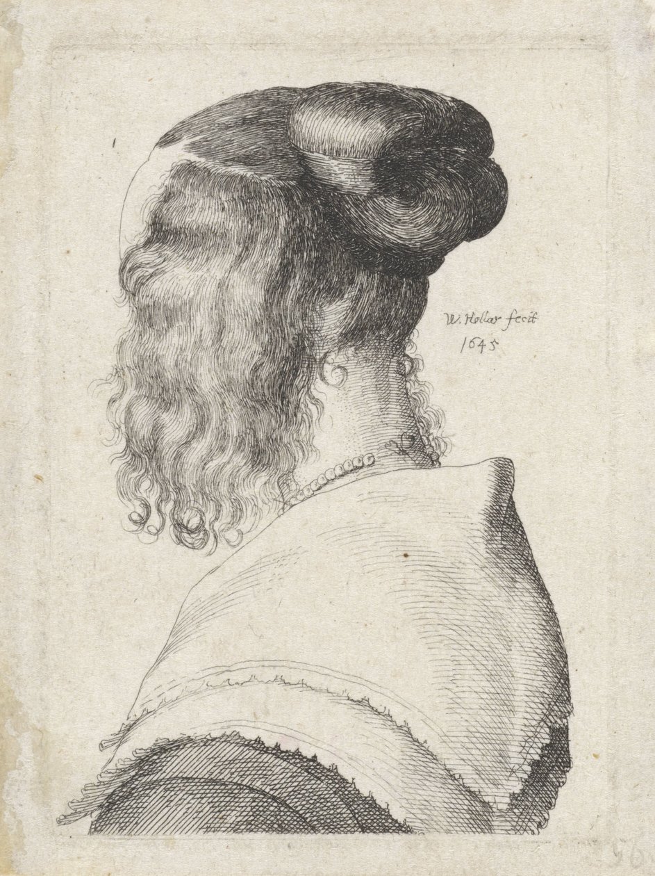 Mujer con el pelo recogido, vista oblicuamente desde atrás de Wenceslaus Hollar