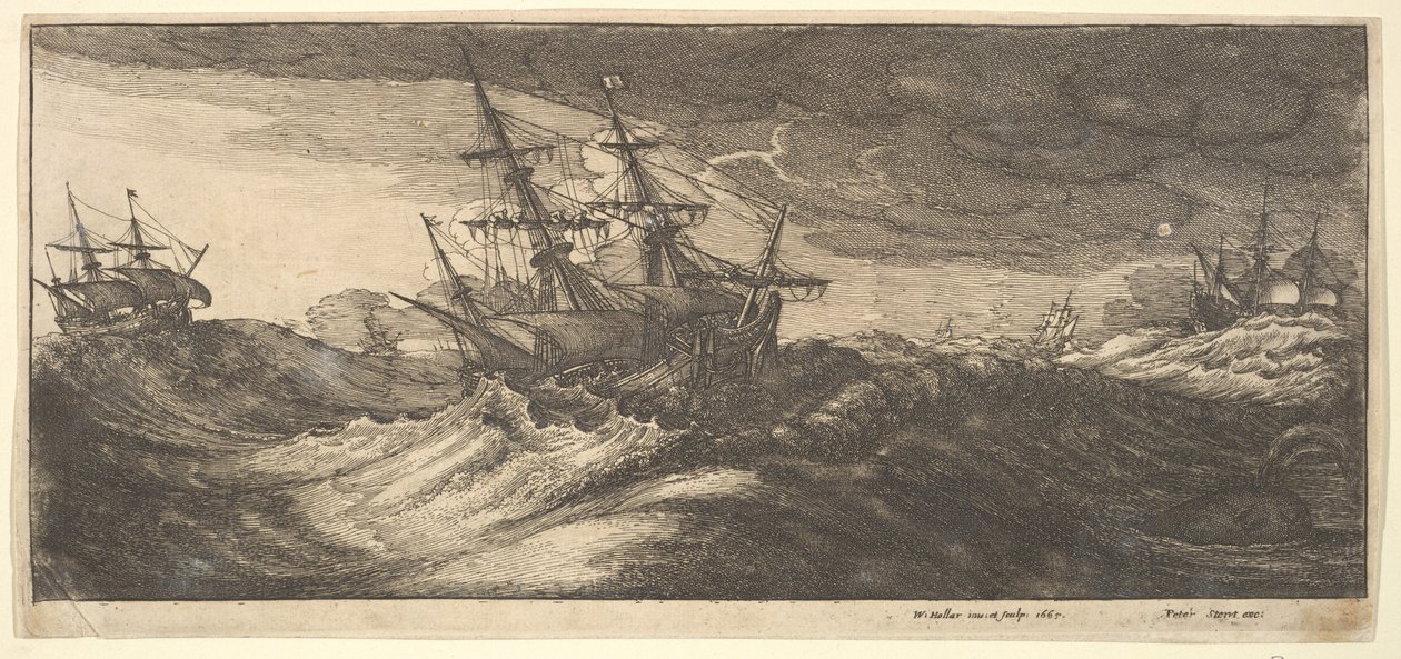 Buque de guerra y una ballena que expulsa agua, 1665 de Wenceslaus Hollar