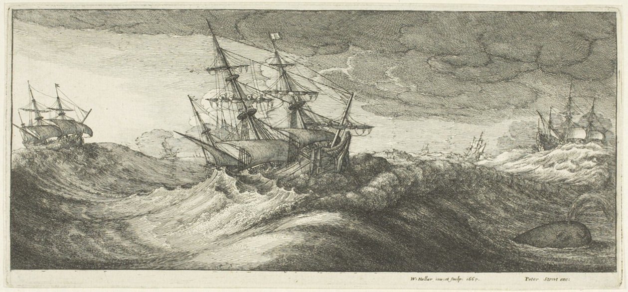 Buques de Guerra y una Ballena Eruptando de Wenceslaus Hollar