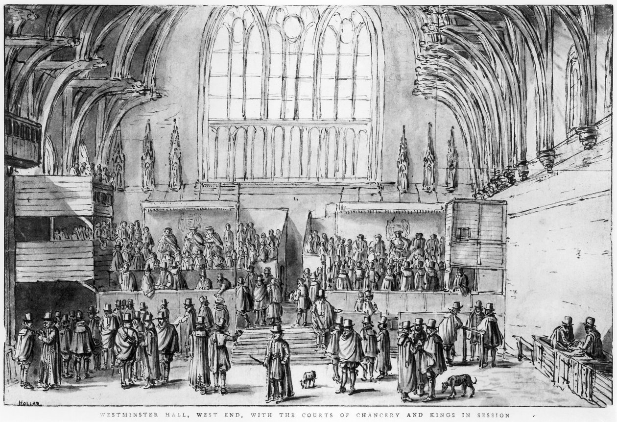 Westminster Hall, Extremo Oeste, con los Tribunales de Cancillería y Reyes en Sesión de Wenceslaus Hollar