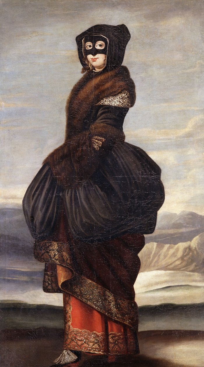 Invierno: Una dama, de cuerpo entero, en traje exótico, con máscara, en un paisaje de Wenceslaus Hollar