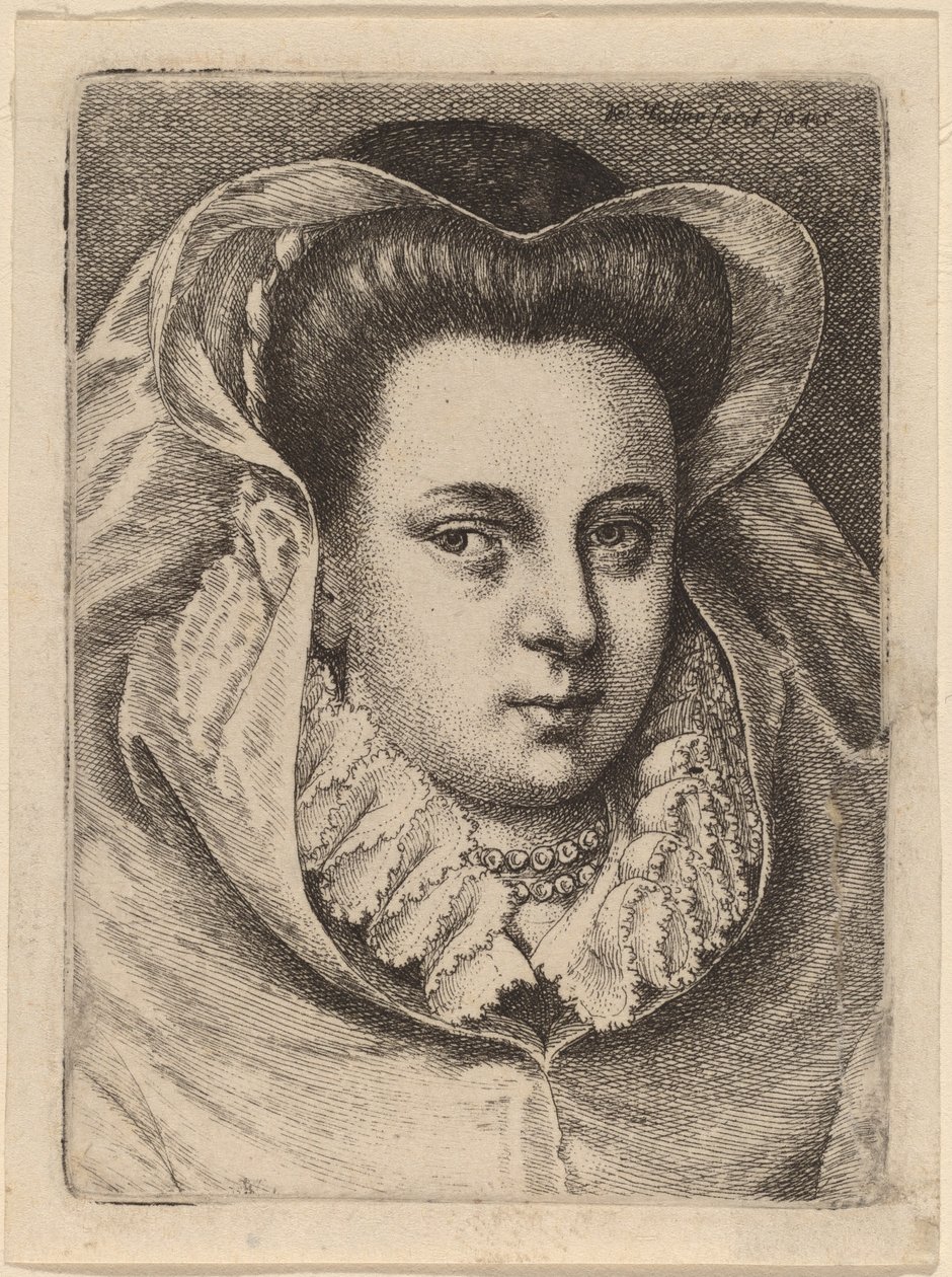 Mujer con velo blanco y sombrero negro (¿Mary Stuart?) de Wenceslaus Hollar