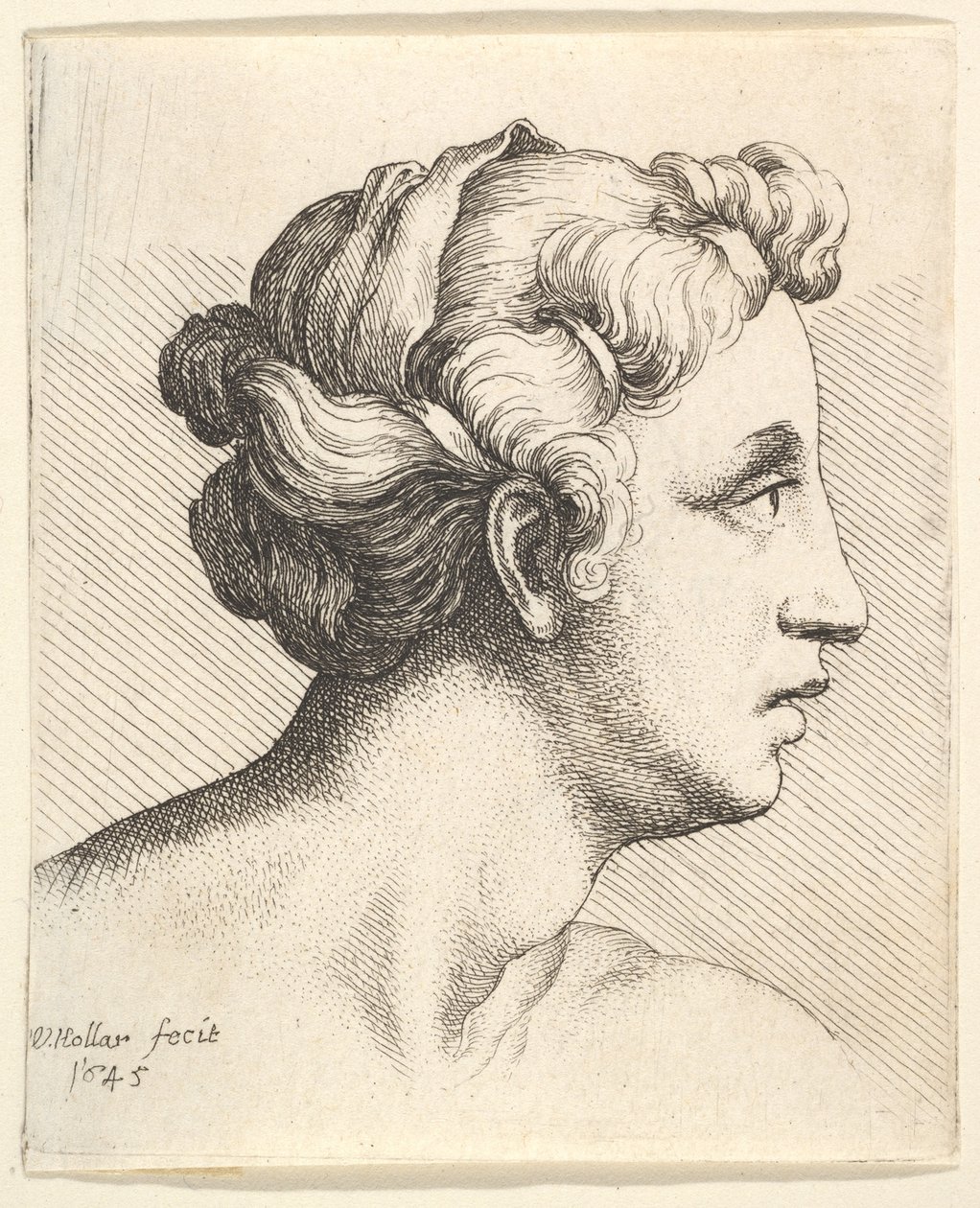 Mujer con un mechón de cabello atado en perfil hacia la derecha de Wenceslaus Hollar