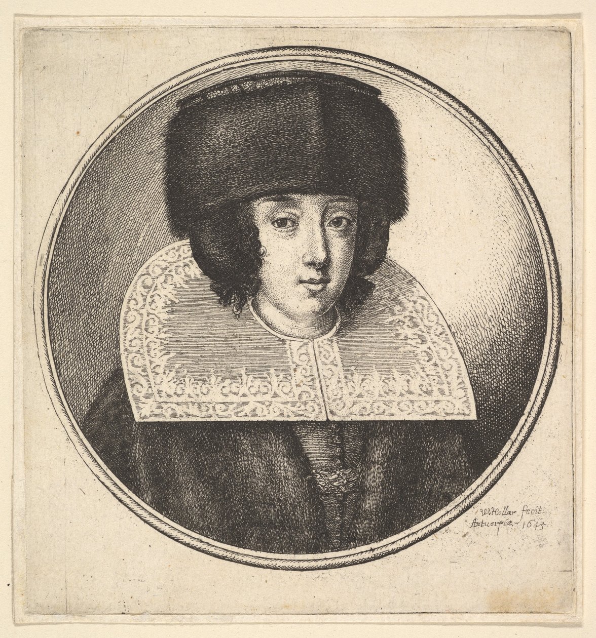 Mujer con cuello de encaje rígido y sombrero de piel de copa plana de Wenceslaus Hollar