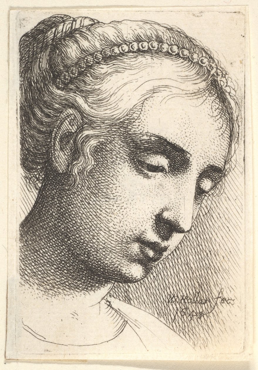 Mujer con una cadena de perlas en el cabello mirando hacia abajo a la derecha de Wenceslaus Hollar