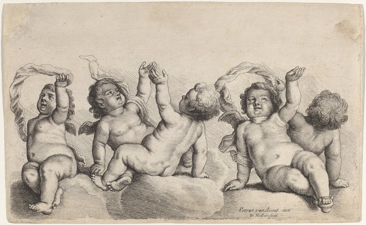 Tres Querubines y Dos Niños Cada Uno Levantando un Brazo en las Nubes de Wenceslaus Hollar, after Peeter van Avont