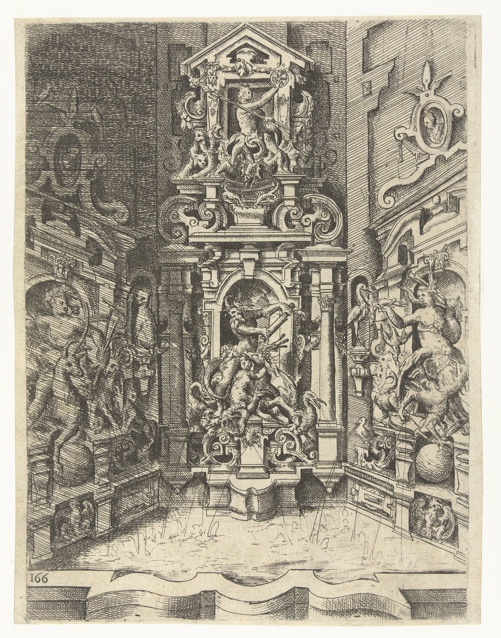 Gran fuente, construida entre tres paredes. Fuentes, pozos, repisas de chimenea, capiteles, ventanas y retablos (título de la serie) de Wendel Dietterlin (I)