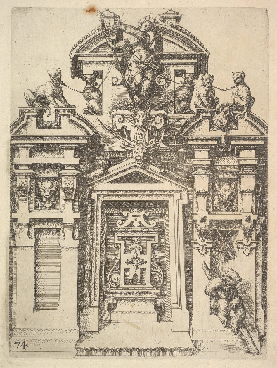 Diseño para una Estructura Arquitectónica con un Tema de Caza, Placa 74 del Ar... de Dietterlin, 1598 de Wendel Dietterlin the Elder