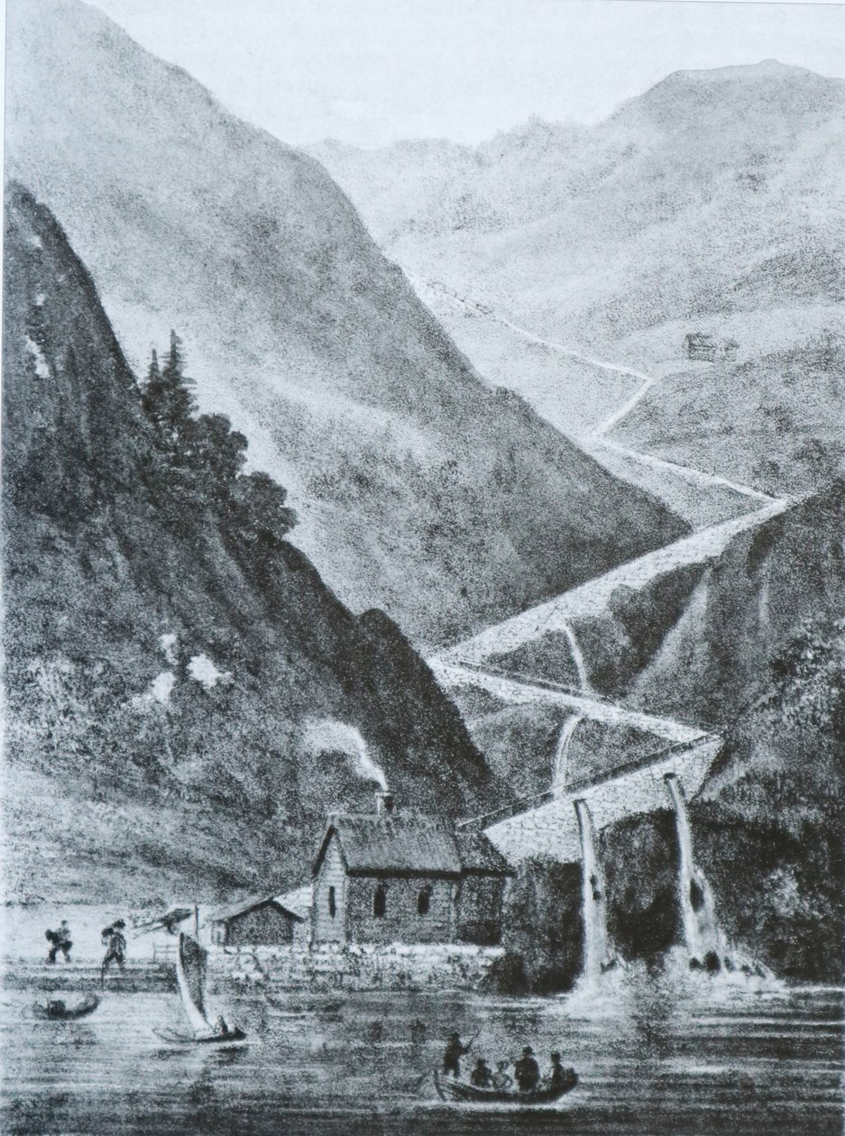 Carretera Principal de Vestlandske hacia el Este desde Fedafjorden, Rørvikkleven. Litografía de Peter Frederik Wergmann