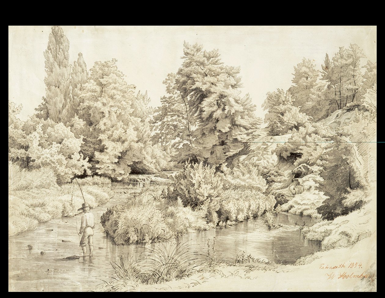 Erkrath, Paisaje de un arroyo con un niño pescando de Werner Holmberg