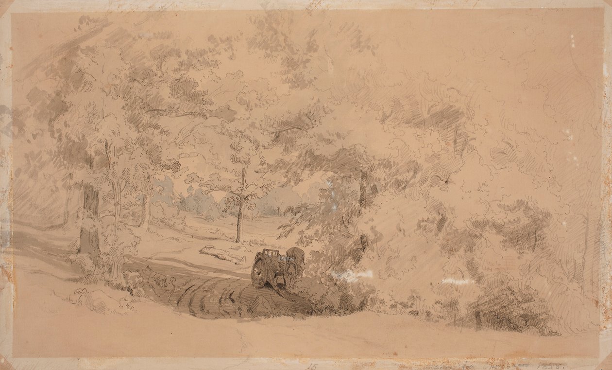 Paisaje forestal con caballo y carro ; Paisaje forestal, hombre pescando en un puente sobre un arroyo (obra de doble cara) de Werner Holmberg