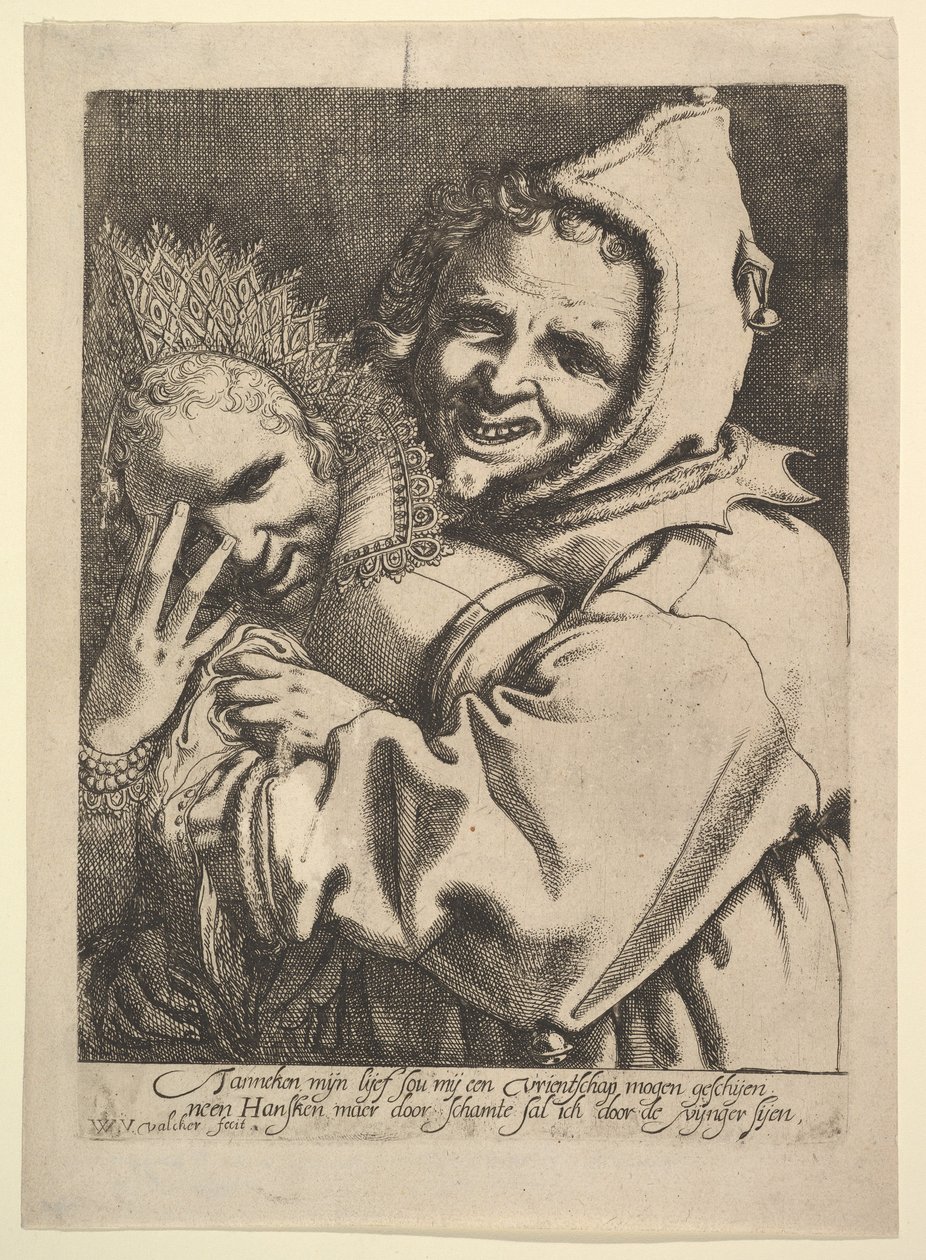 Tonto con una chica mirando a través de sus dedos de Werner Jacobsz. van den Valckert