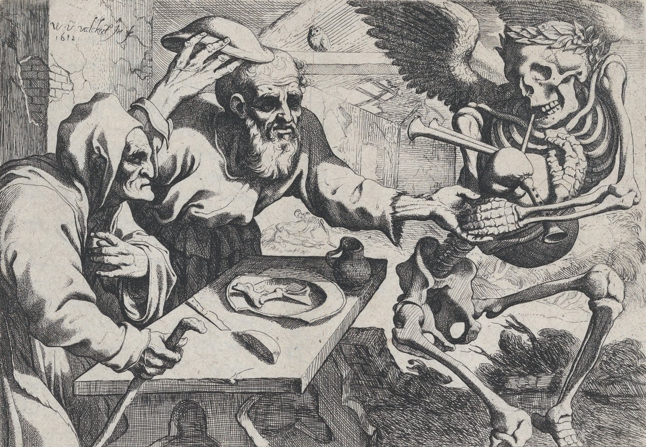 Pareja de Ancianos y la Muerte con Gaitas, 1612 de Werner Jacobsz. van den Valckert