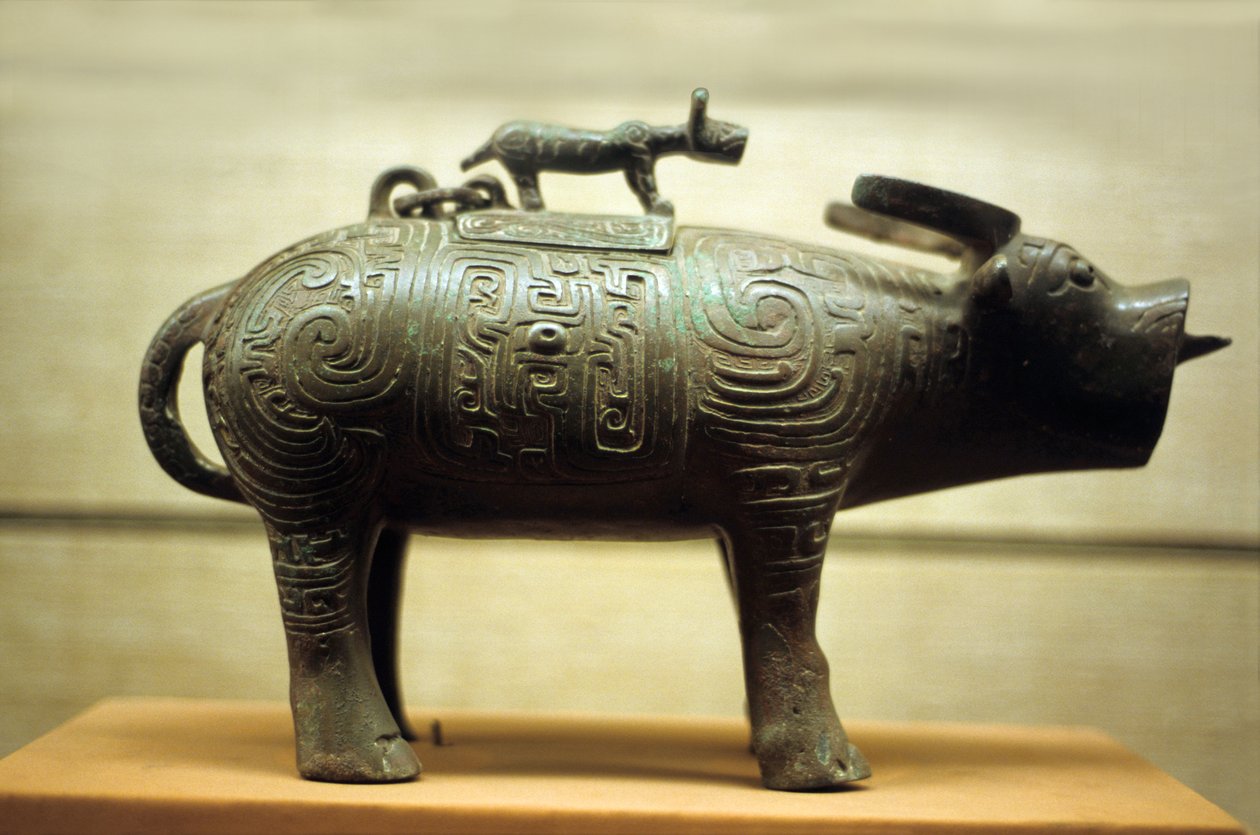 Jarrón de vino en forma de buey, coronado por un tigre de Western Zhou Dynasty Chinese School