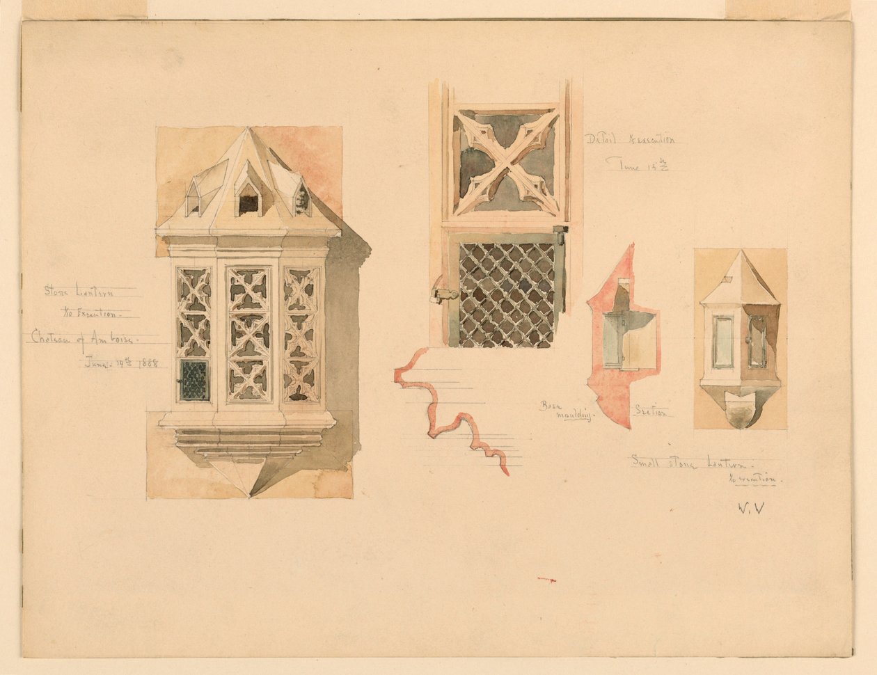 Dibujo, Representación de dos faroles de piedra, del castillo de Amboise, Francia, 14-15 de junio de 1888 de Whitney Warren Jr.