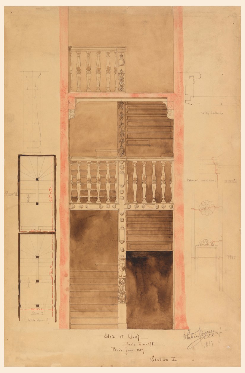Dibujo, Escalera de Cluny, París, 1887 de Whitney Warren Jr.