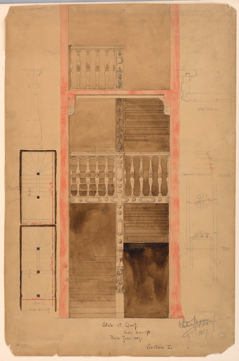Dibujo, Escalera de Cluny, París, 1887 de Whitney Warren Jr.