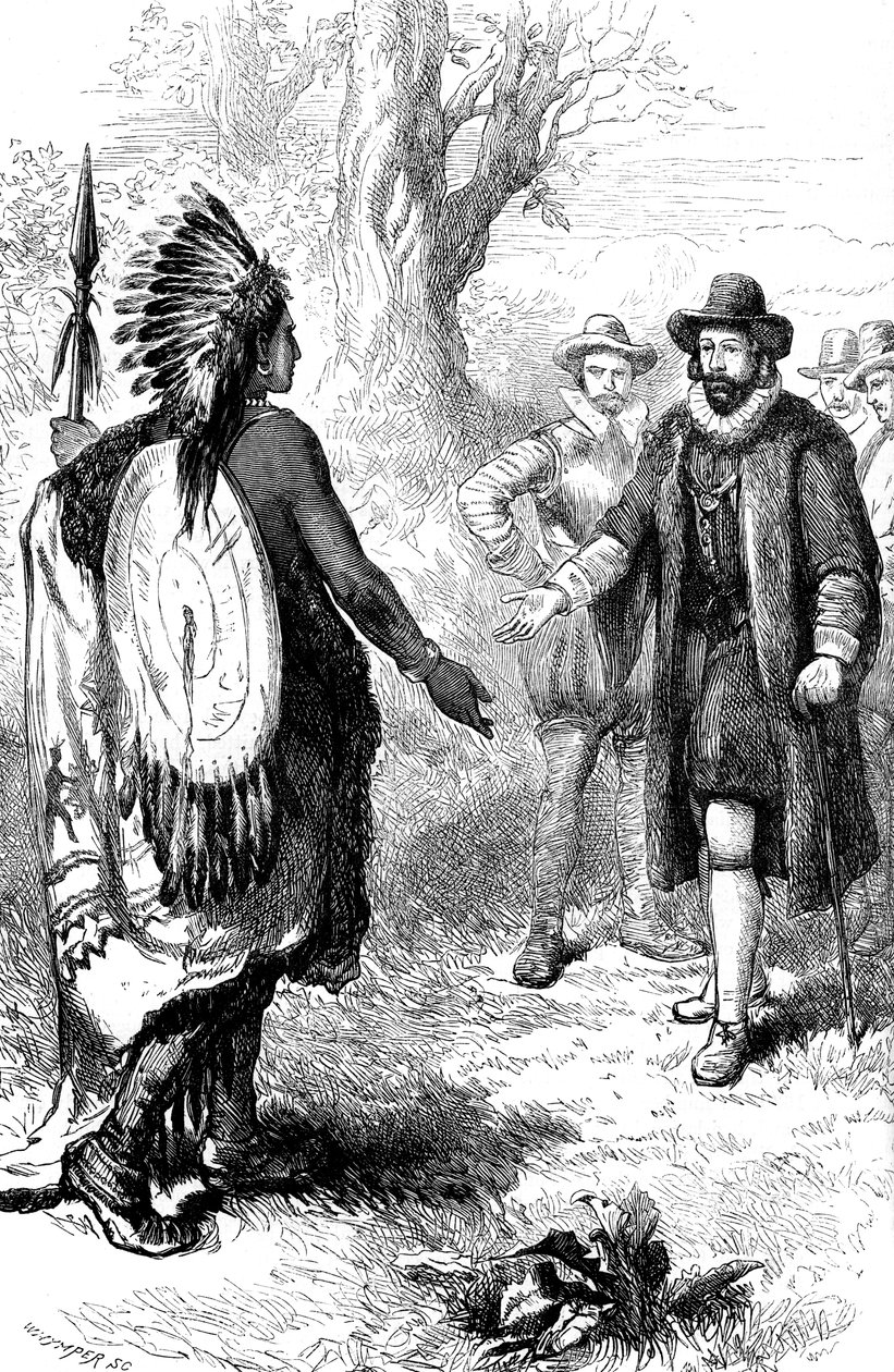 Recepción de un guerrero Narragansett por John Winthrop, Massachusetts, c1630s c1880 de Whymper