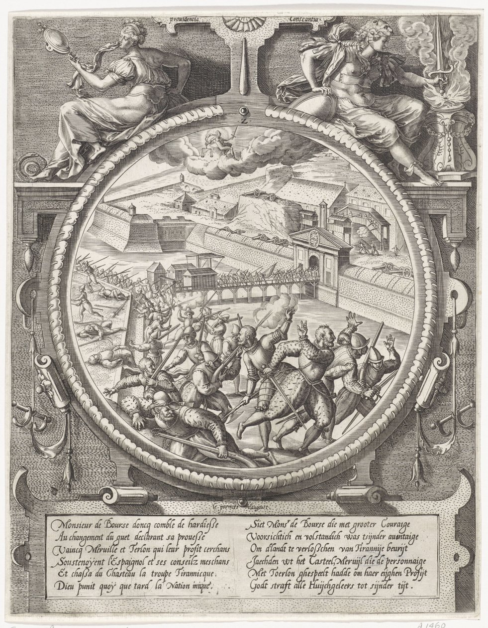 Las tropas de Bourse expulsan a los soldados alemanes de Treslong y Merville de la ciudadela, 1577 Medallones con la captura de la ciudadela de Amberes en 1577 (título de la serie) de Wierix