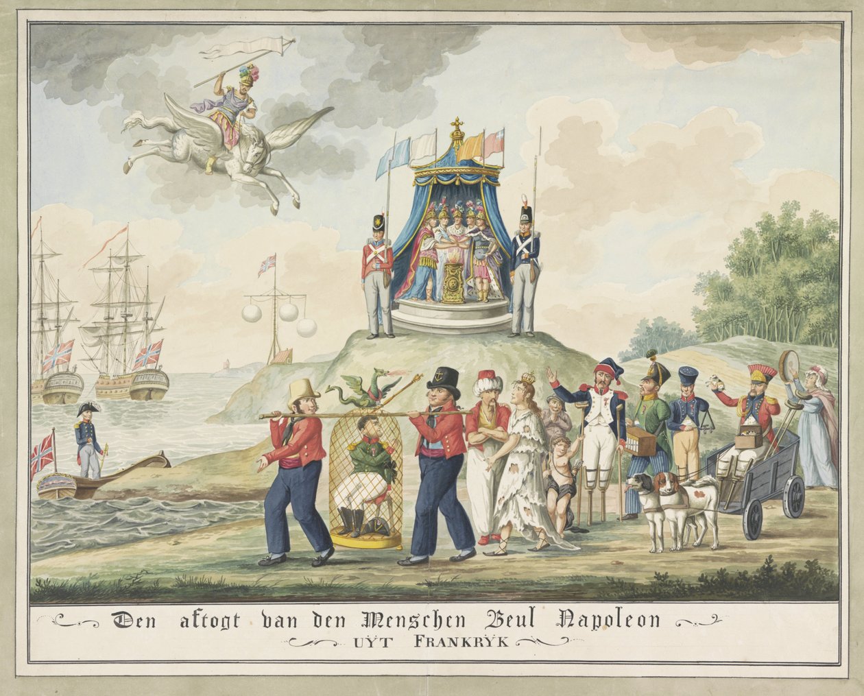 El exilio de Napoleón a Elba, 1814 Den aftogt van den Menschen Verdugo Napoleón de Francia (título sobre objeto) de Wijnand Esser (attributed to)