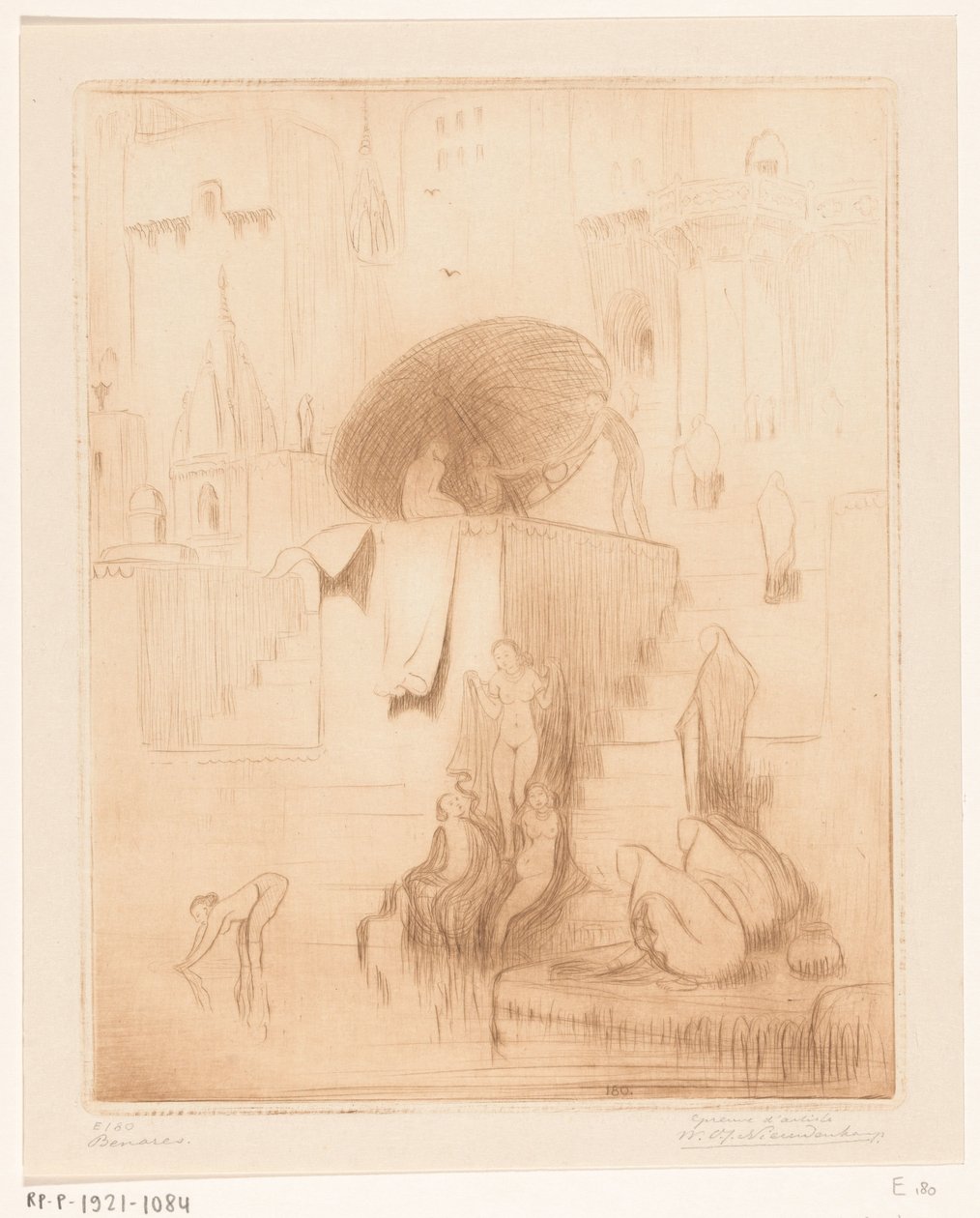 Bañistas y lavanderas a orillas del Ganges en Benarés
Benares (título original) de Wijnand Otto Jan Nieuwenkamp (signed by artist)
