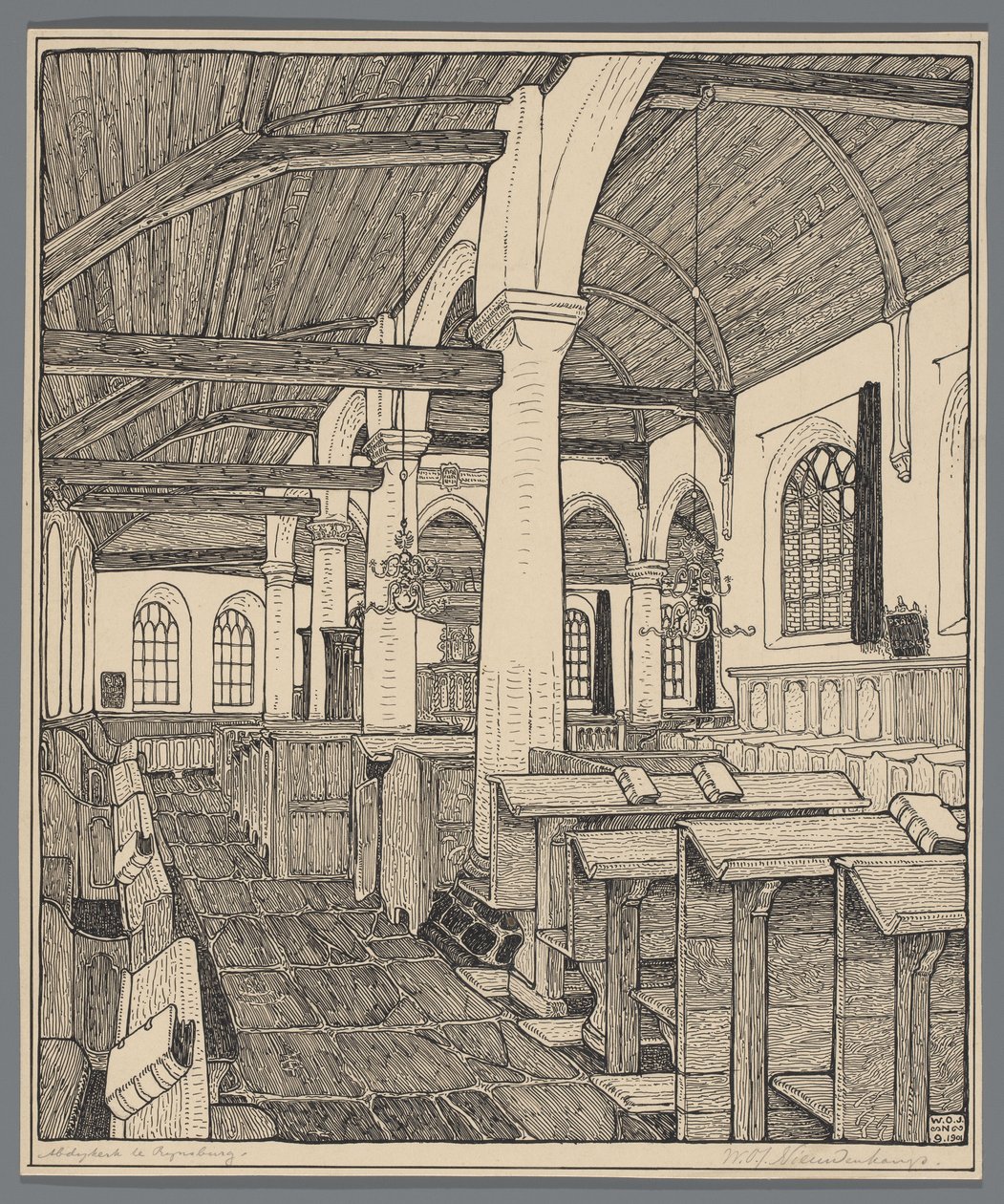 Interior de la iglesia abacial de Rijnsburg de Wijnand Otto Jan Nieuwenkamp (signed by artist)