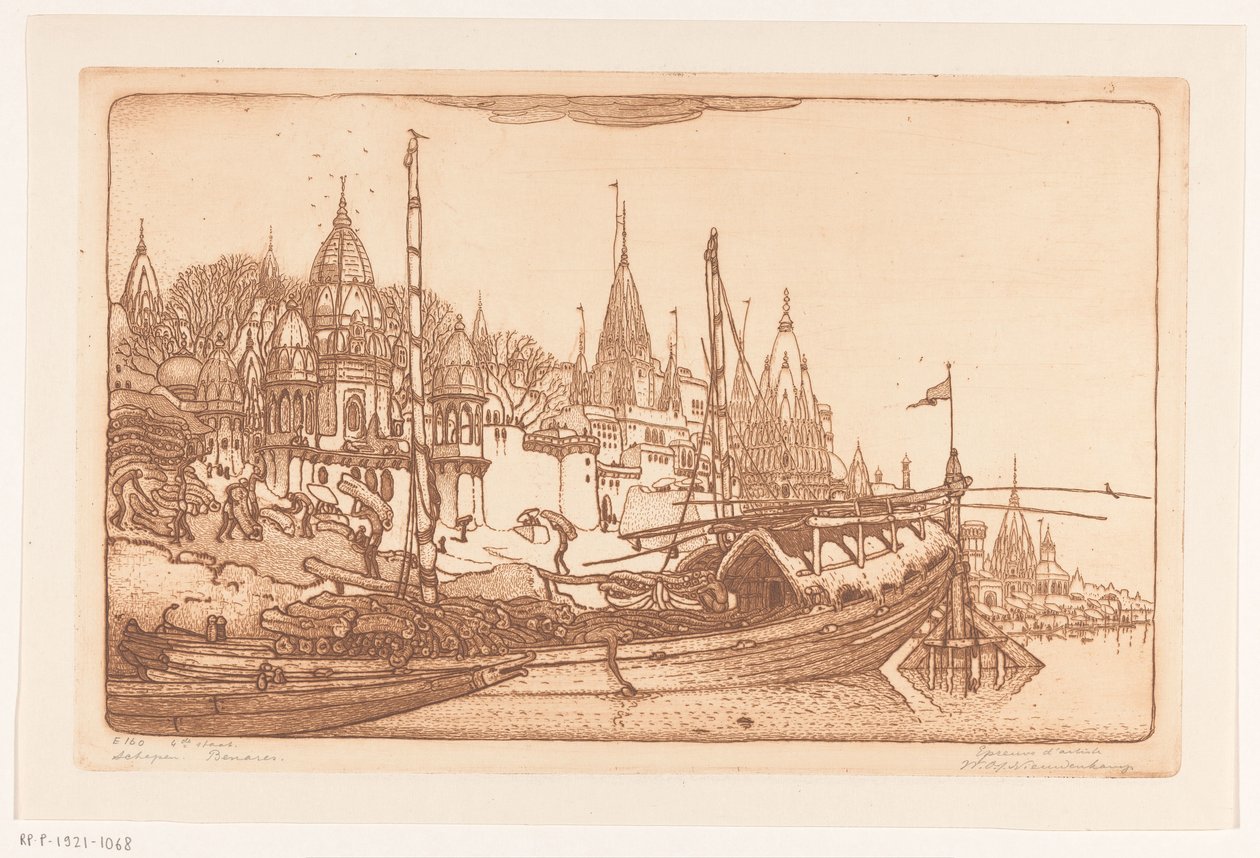 Barco con leña a orillas del Ganges en Benarés
Barco con leña, Benarés (título original)
Barcos, Benarés (título en el objeto) de Wijnand Otto Jan Nieuwenkamp (signed by artist)