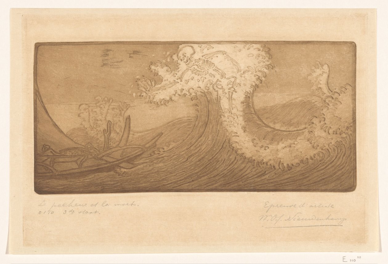 Pescadores en el mar y la muerte
El viajero y la muerte (título original)
Le Pêcheur et la Mort (título en el objeto) de Wijnand Otto Jan Nieuwenkamp (signed by artist)