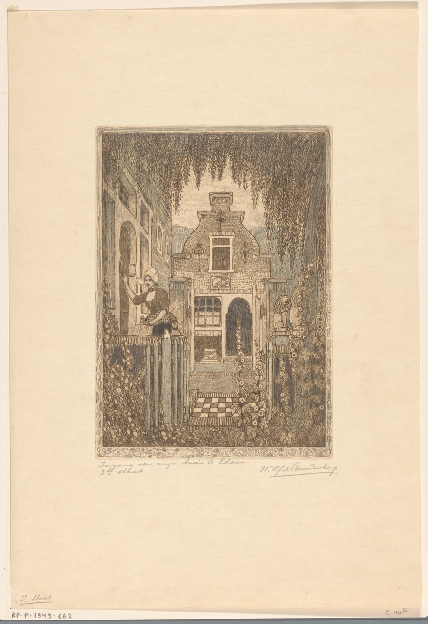 Mujer disfrazada llamando a la puerta de una casa en Edam
En la puerta principal (título original)
Entrada a mi casa en Edam (título en el objeto) de Wijnand Otto Jan Nieuwenkamp (signed by artist)