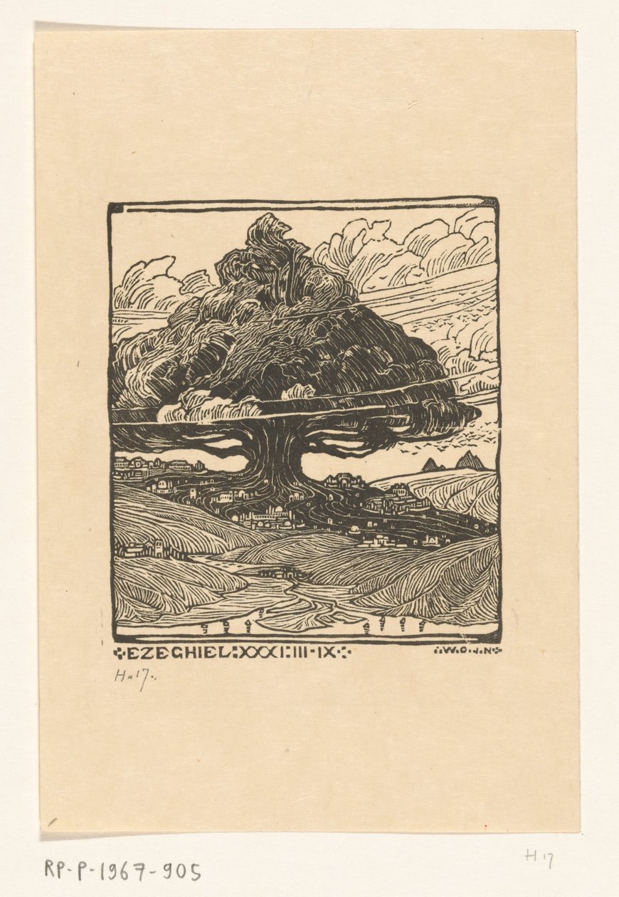 Ciudades bajo un cedro en un paisaje de montaña
Dreamscape of Ezekiel (título original) de Wijnand Otto Jan Nieuwenkamp