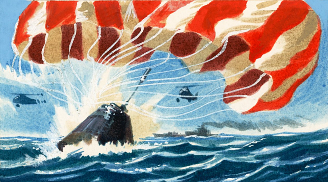 Una cápsula espacial regresa a la Tierra en paracaídas de Wilf (20th century) Hardy