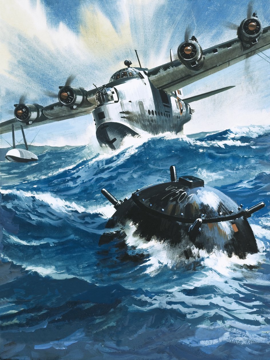 Cuando el oficial de vuelo G.O. Singleton encendió el motor del Short Sunderland, vio una mina a la deriva... de Wilf (20th century) Hardy