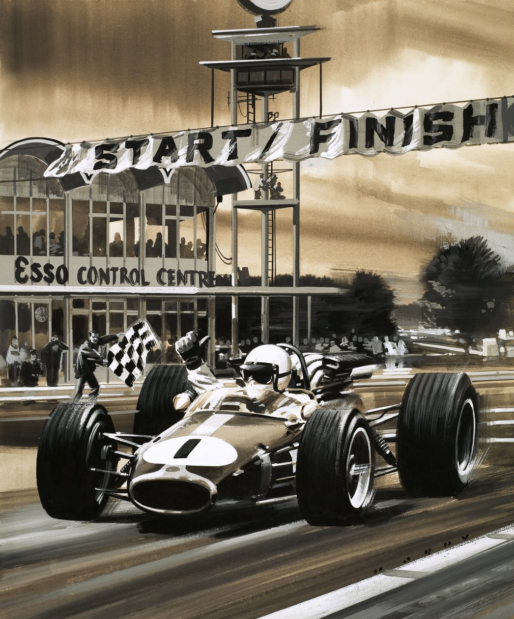 Jack Brabham hace la señal del pulgar hacia arriba al ganar el primer Gran Premio de Canadá de la historia de Wilf (20th century) Hardy