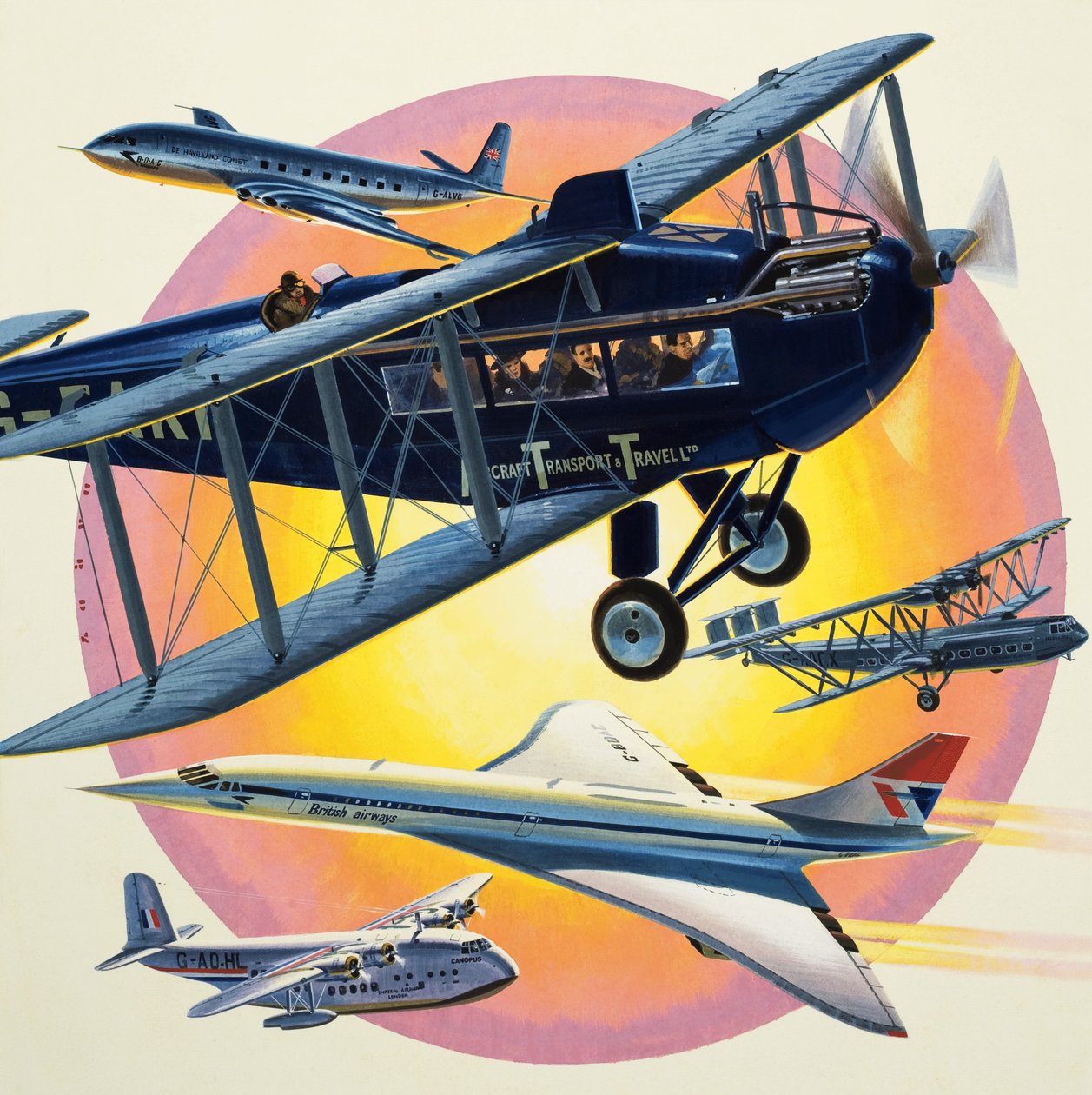 Montaje de aviones de pasajeros, incluido el Concorde (gouache sobre papel) de Wilf (20th century) Hardy