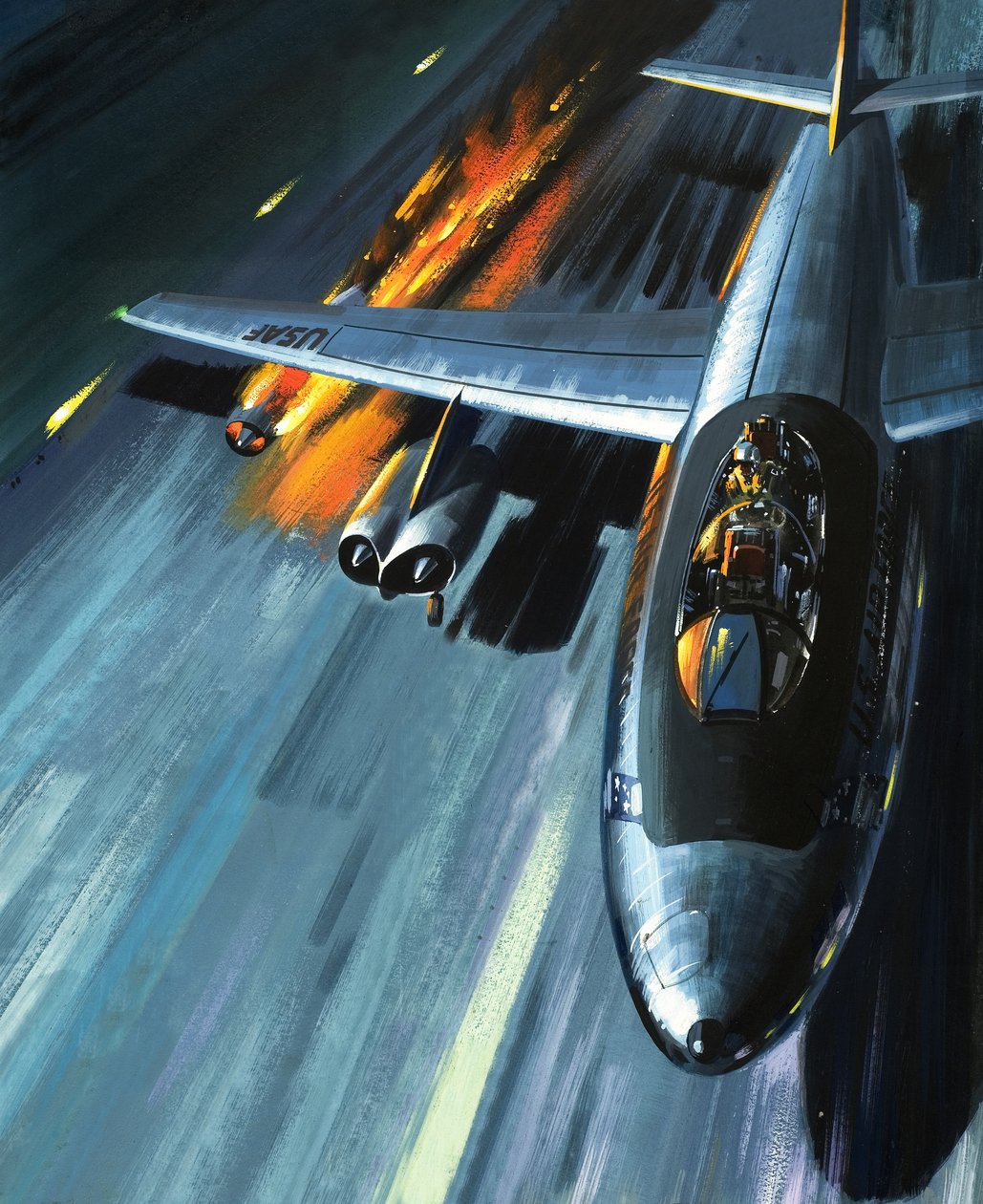 Nightmare in a Blazing Bomber, ilustración de "Men and Machines" (Hombres y máquinas) de Wilf (20th century) Hardy