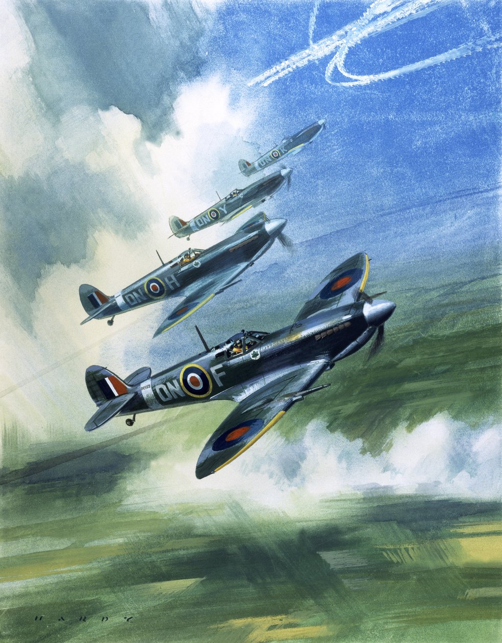 Vuelo de patrulla del 416 Squadron, Royal Canadian Air Force, Spitfire Mark 9s (gouache sobre papel) de Wilf (20th century) Hardy