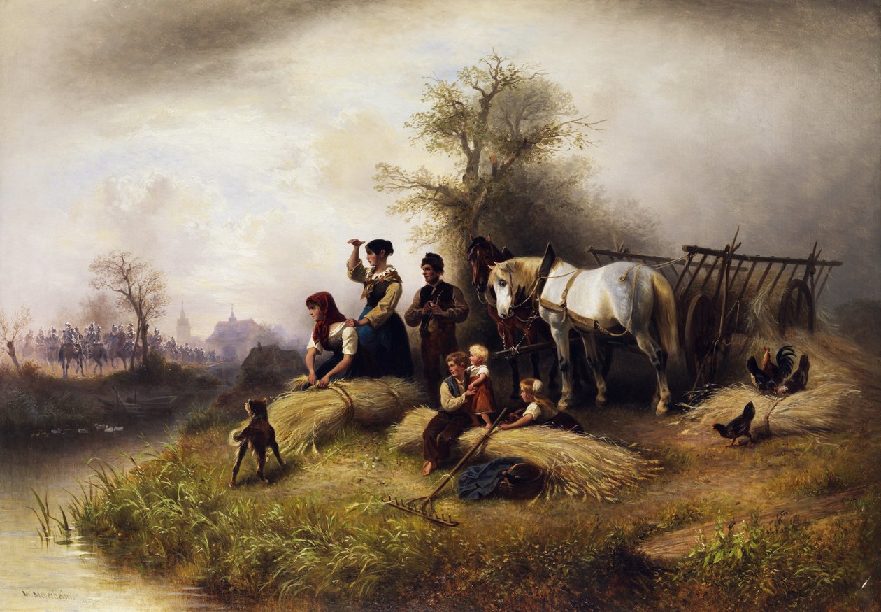 Familia campesina en la cosecha de trigo observando un desfile de caballería de Wilhelm Meyerheim