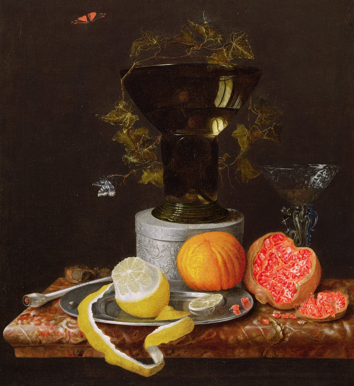 Una naturaleza muerta con un vaso y fruta en un borde de Wilhelm Ernst Wunder