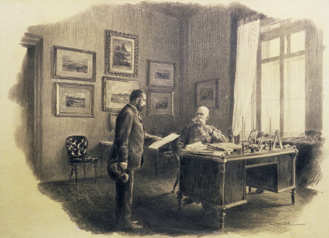 Emperador Francisco José I de Austria (1830-1916) en su escritorio en Jagdrock de Wilhelm Gause