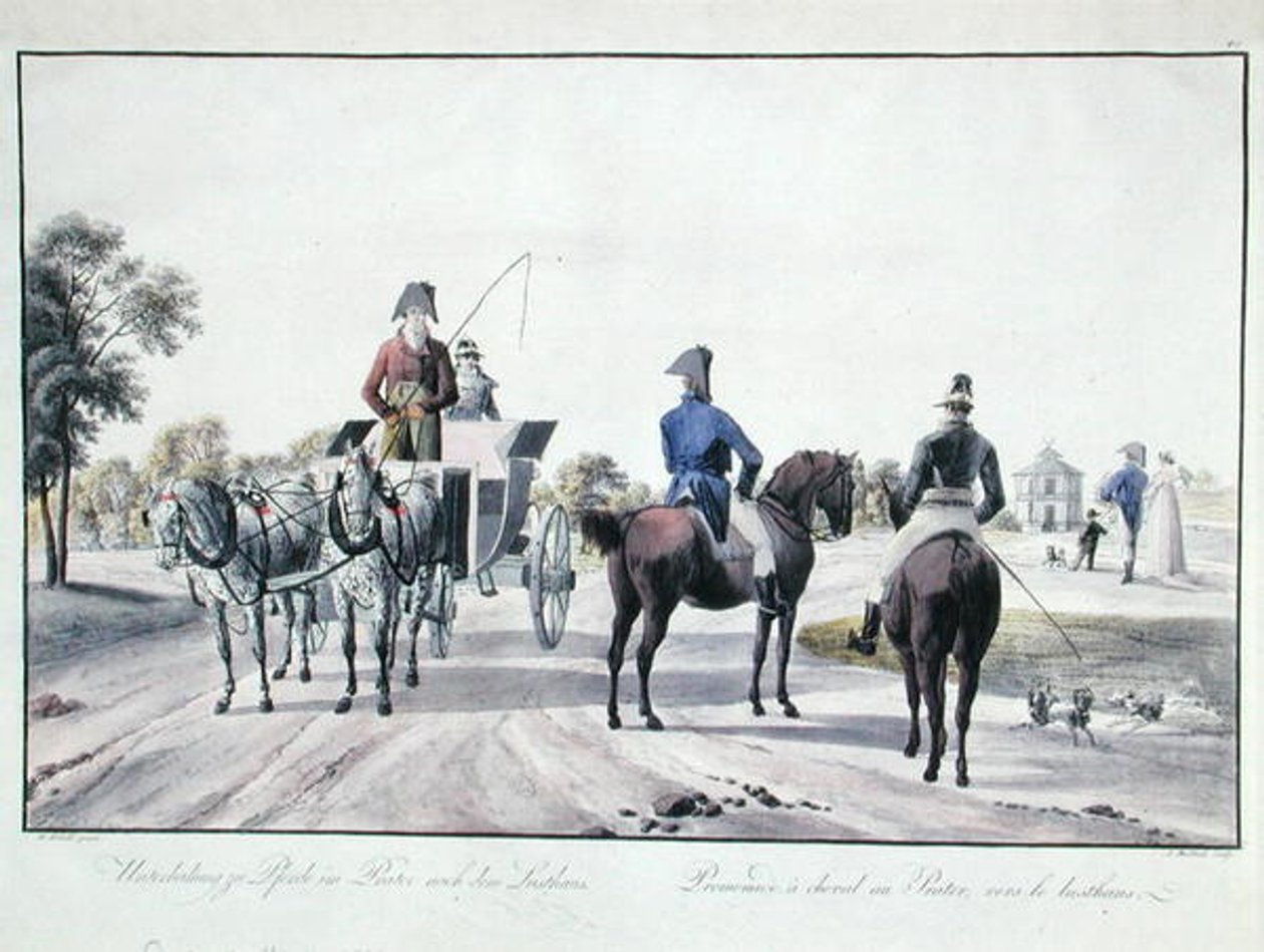 Montando en el parque Prater, Viena, grabado por Adam von Bartsch 1804 de Wilhelm Alexander (after) Kobell