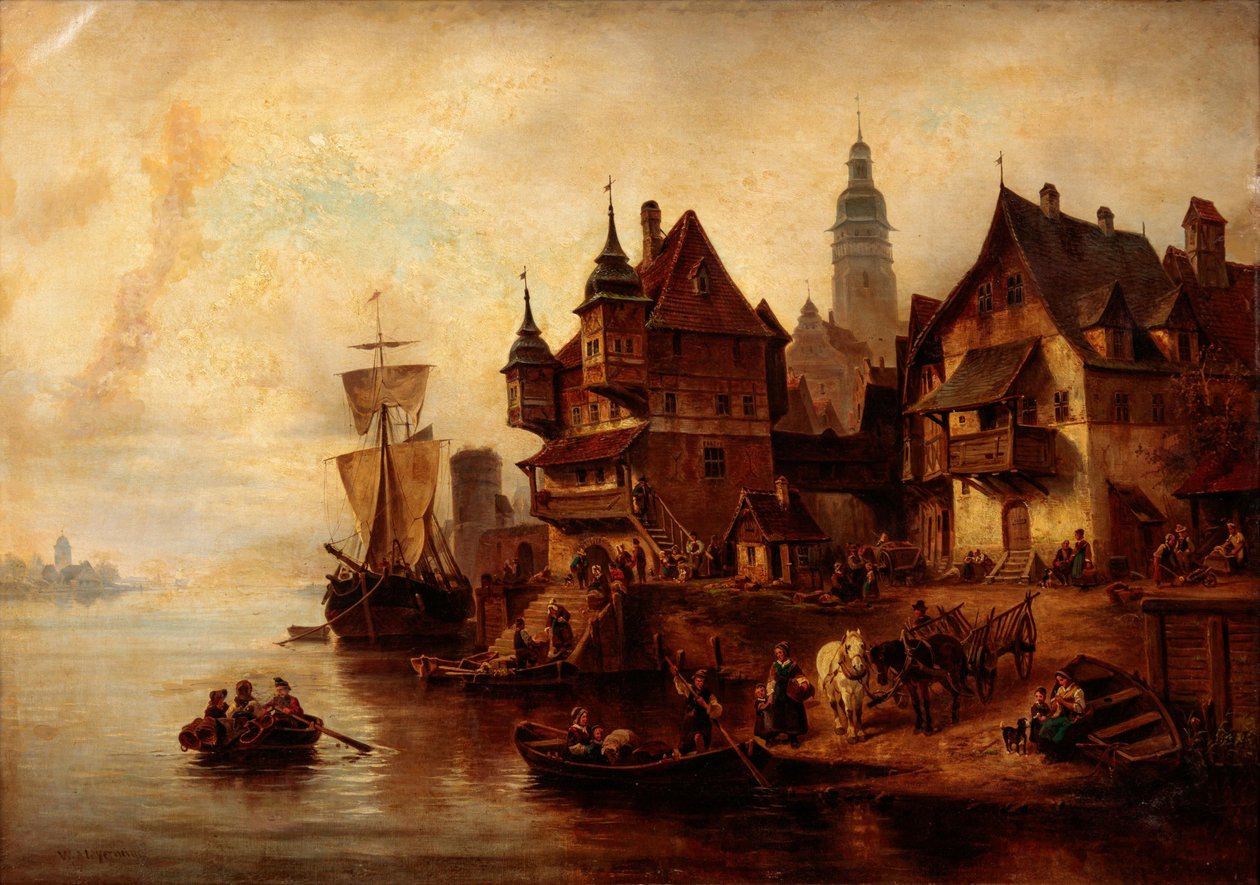 Escena de pueblo frente al mar, de William Alexander Meyerheim de Wilhelm Alexander Meyerheim