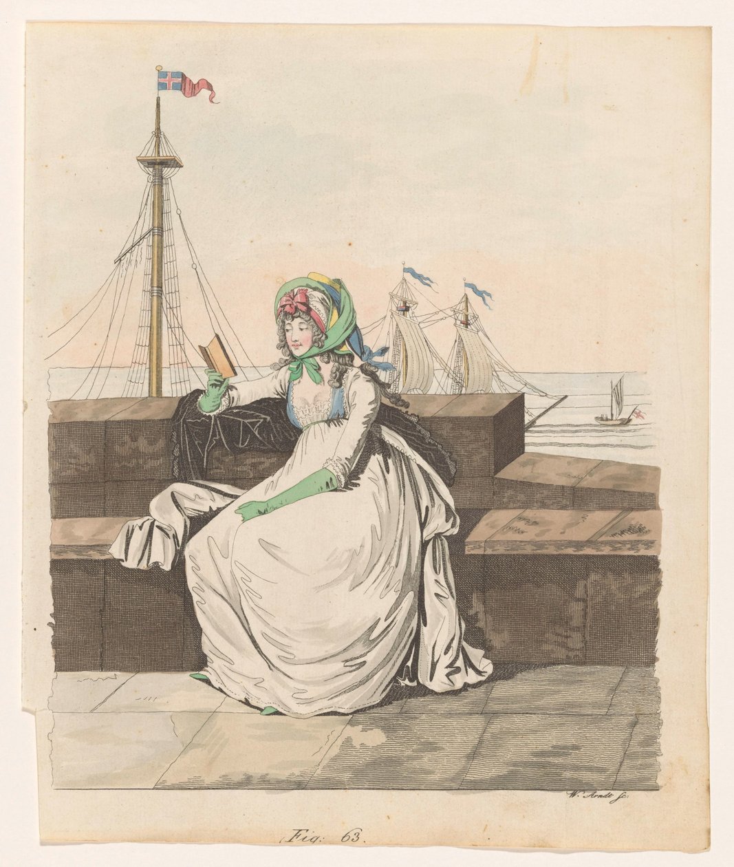 Mujer leyendo en un muelle, barcos de vela en el fondo de Wilhelm Arndt