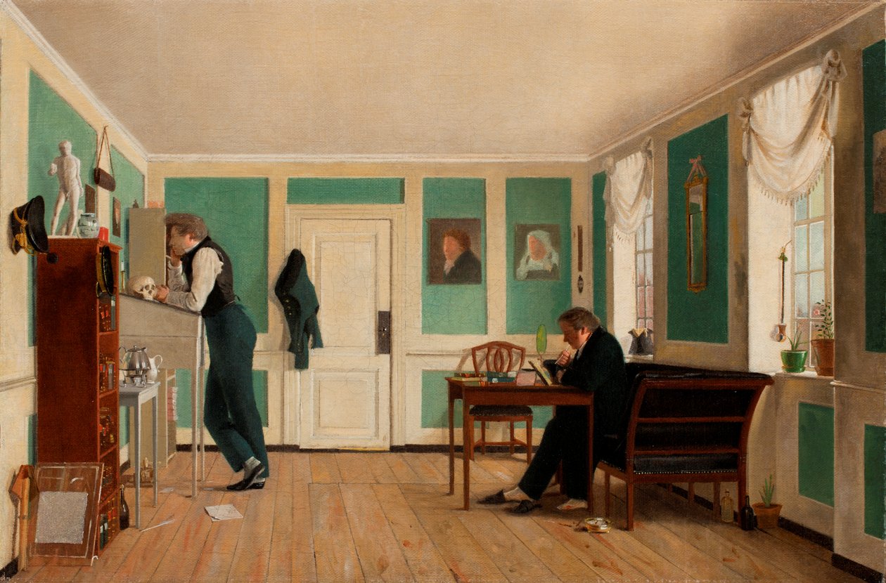 Interior de Amaliegade. Capitán Carl Ludvig Bendz de pie y Dr. Jacob Christian Bendz sentado de Wilhelm Bendz