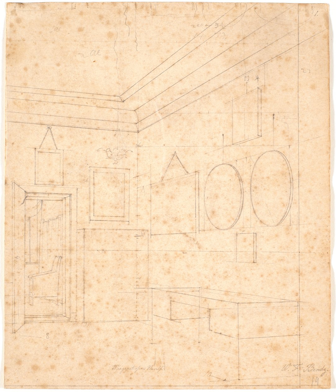 Dibujo en perspectiva para el retrato familiar de Waagepetersen de Wilhelm Bendz